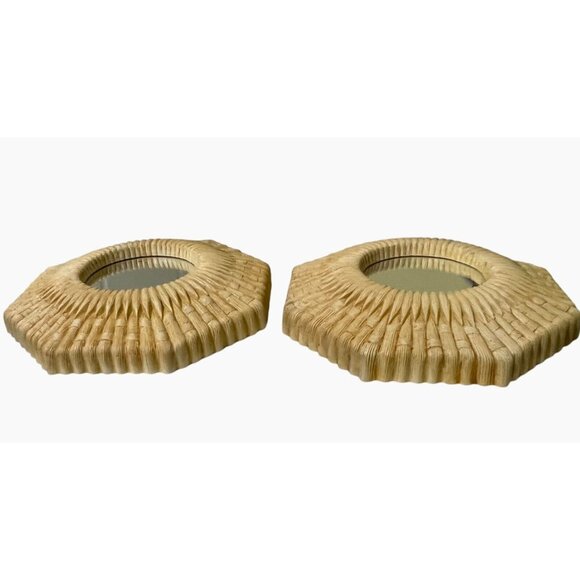 2 Homco Faux Wicker Rattan Wall Mirror Plastic Octagon Beige/Yellow Beach Decor - Picture 5 of 8